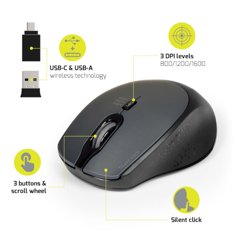Port Connect Silent 1600DPI 3 Button Wireless Mouse Black 900713 - Image 3